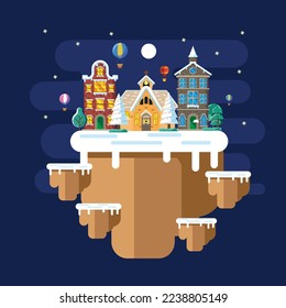 Vector illustration of city ​​landscape in winter at night with flat design style