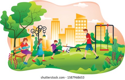 Vector illustration of a city's park in flat style for website landing page. Template city's park for landing page, ui ux design, web design
