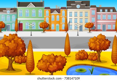 Vector illustration of Cityscape with buildings and trees in autumn season