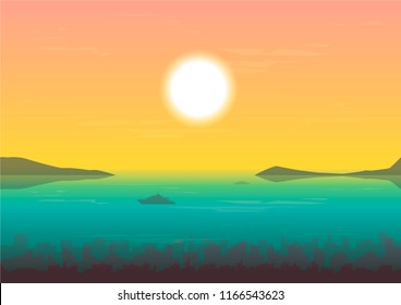 vector illustration of cityscape by ocean bay under sunset sky. seascape, sailing ship