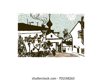 Vector illustration of cityscape with the church