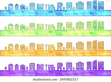 Ilustración vectorial de paisaje urbano con patrones coloridos. Un conjunto de ilustraciones dibujadas a mano que también se pueden utilizar como contornos y materiales de fondo.