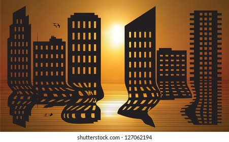 Vector illustration of cityscape at dawn