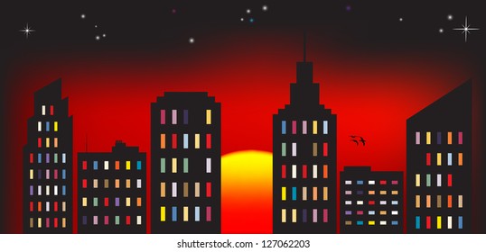 Vector illustration of cityscape at dawn