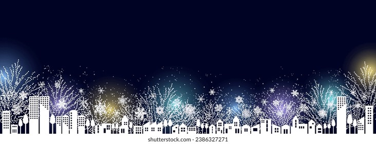 Vector illustration of a cityscape decorated with lights on a winter night