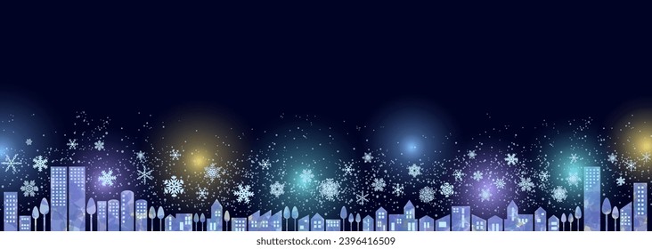 Vektorgrafik eines Stadtbildes, das in einer Winternacht mit Lichtern dekoriert ist