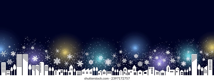 Vector illustration of a cityscape decorated with lights on a winter night