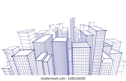 Vector illustration of cityscape doodle sketch, perspective drawing made of blue lines isolated on white