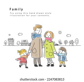 Vector illustration of cityscape and family.