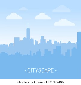 Vector illustration of cityscape in flat style. Silhouette of downtown
