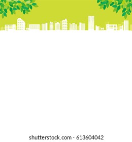 Vector illustration of cityscape with fresh green leaves