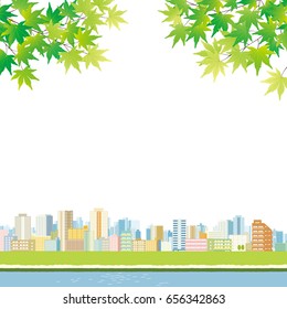 Vector illustration of cityscape with fresh green leaves