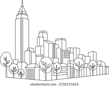 Ilustración vectorial de icono de paisaje urbano con edificios modernos, silueta de rascacielos, Elementos de árboles y elemento de diseño arquitectónico urbano