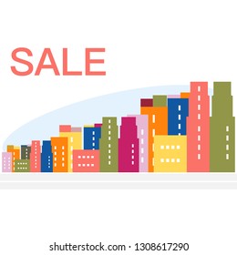 Vector illustration with cityscape. Inscription sale. Big sale and shopping concept. Design for banner, poster or print.