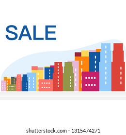 Vector illustration with cityscape. Inscription sale. Big sale and shopping concept. Design for banner, poster or print.