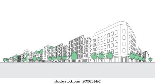 Ilustración vectorial del paisaje urbano. Ilustración de dibujo de línea.