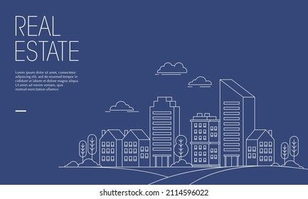 Vector illustration of cityscape with linear line style. Suitable for design element of real estate poster, modern city promotional background, and urban landscape illustration.