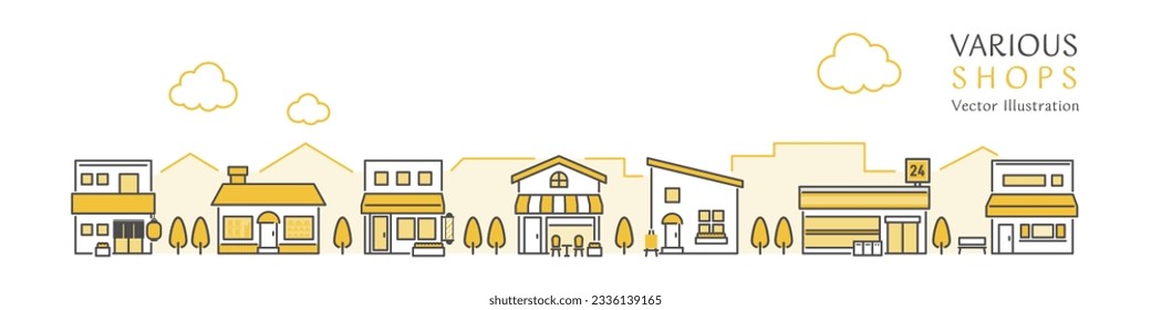 Vector illustration of a cityscape lined with simple shops