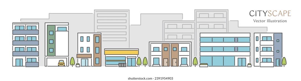 Ilustración vectorial de un paisaje urbano bordeado de edificios de apartamentos sencillos, edificios de oficinas, etc.