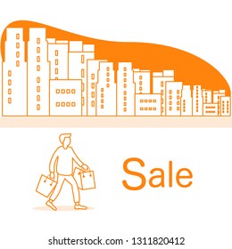 Vector illustration with cityscape, man carry shopping. Big sale and shopping concept. Design for banner, poster or print.