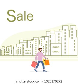 Vector illustration with cityscape, man carry shopping. Big sale and shopping concept. Design for banner, poster or print.