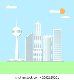 Vektorgrafik eines Stadtbildes. Minimalistischer Stil von weißen Häusern und Fernsehturm für Immobilienwerbung
