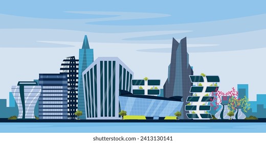 Vektorgrafik einer Stadtlandschaft mit modernen Gebäuden. Cartoon-Szene einer modernen futuristischen Stadt mit Wolkenkratzern, grünen Bäumen, Bergen, einem Fluss und ein Spiegelbild der Stadt im Wasser.