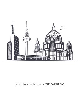 Vector illustration of cityscape with modern skyscraper tall television tower and majestic cathedral dome against simple isolated light backdrop.