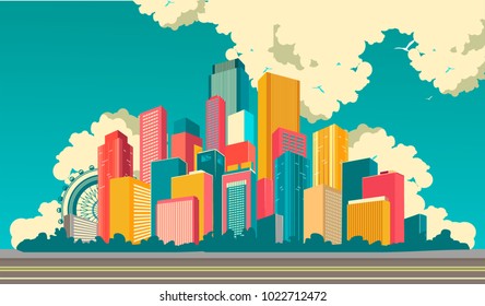 vector illustration cityscape multicolored high-rise houses megacity cityscapes road