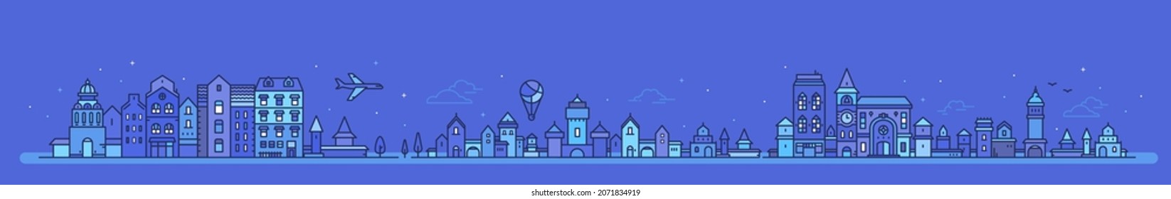Vector illustration of cityscape on blue color sky background with plane and air balloon. Line art style design of panorama of european city street for web, site, banner, poster, flyer