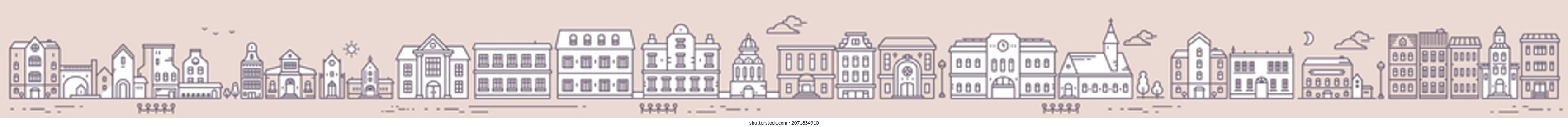 Vector illustration of cityscape on color sky background with cloud. Line art style design of panorama of european city street for web, site, banner, poster, flyer