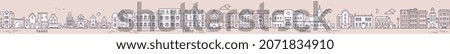Vector illustration of cityscape on color sky background with cloud. Line art style design of panorama of european city street for web, site, banner, poster, flyer