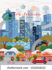 vector illustration of cityscape panorama, abstract illustration of a city background, modern metropolis with houses, skyscrapers, roads, cars and cyclist