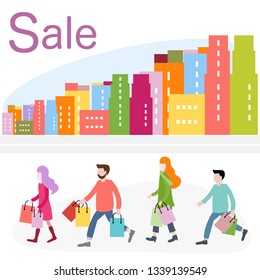 Vector illustration with cityscape, people carry shopping. Big sale and shopping concept. Design for banner, poster or print.