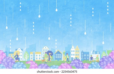 Vector illustration of cityscape and people in the rainy season.