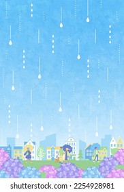 Vector illustration of cityscape and people in the rainy season.