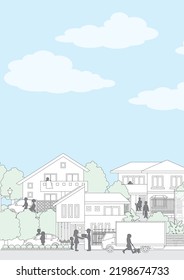 Vector illustration of cityscape. People's Daily Lives. Line drawing illustration.