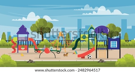 Vector illustration of a cityscape with a playground.Cartoon scene of a playground with a slide, towers, horizontal bars, a ball, a pyramid, a horse, a duck, trees, bushes. Children's sports complex.