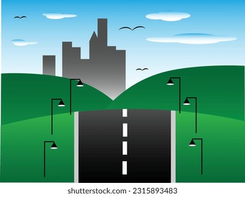 Ilustración vectorial del paisaje urbano con carreteras y luces, utilizada como papel mural, arte mural