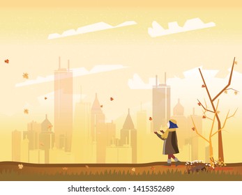 Vector illustration of a cityscape scene in Autumn. Banner of City or urban landscape.The yellow foliage  with falling leaves,maple trees and girl in sweater with noise and grain. 