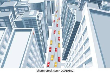 A vector illustration of a cityscape seen from above