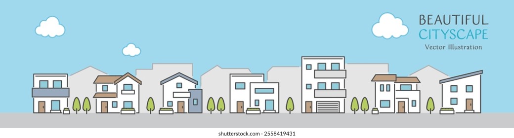 A vector illustration of a cityscape with simple design houses lined up against a blue sky