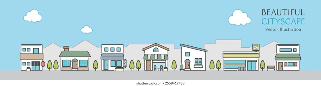 A vector illustration of a cityscape with simple design shops lined up against a blue sky