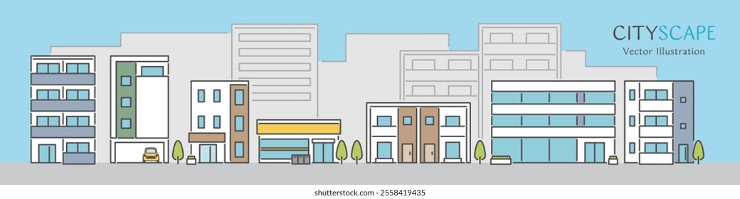 A vector illustration of a cityscape with simple design apartments and office buildings lined up against a blue sky