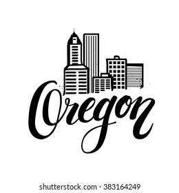 Vector illustration of cityscape / skyline of Portland, Oregon.  lettering logo with hand drawn element isolated.