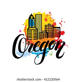 Vector illustration of cityscape / skyline of Portland, Oregon.  lettering logo with hand drawn element isolated.