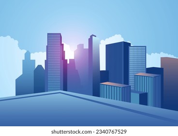 Vector illustration of a cityscape with skyscrapers as seen from a high-rise building's rooftop, perfect for urban themes, real estate, and modern designs