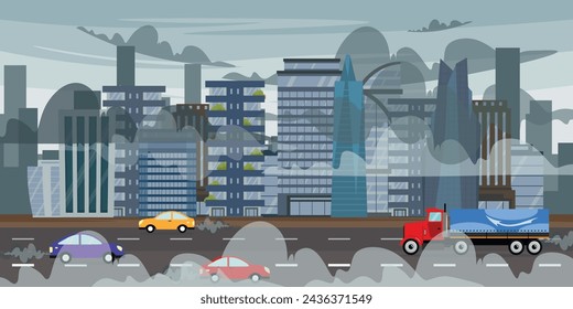 Ilustración vectorial de un paisaje urbano con aire contaminado por humo. Escena de dibujos animados de un hermoso paisaje urbano con altos edificios modernos, rascacielos, una carretera con coches, un camión y nubes de humo espeso.