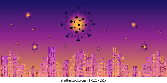 vector illustration of cityscape with spreading coronavirus, city, quarantine, pandemic