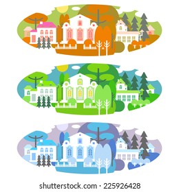 Vector illustration of a cityscape in three variants of color, which correspond to three different seasons. Autumn, winter and summer. Flat.